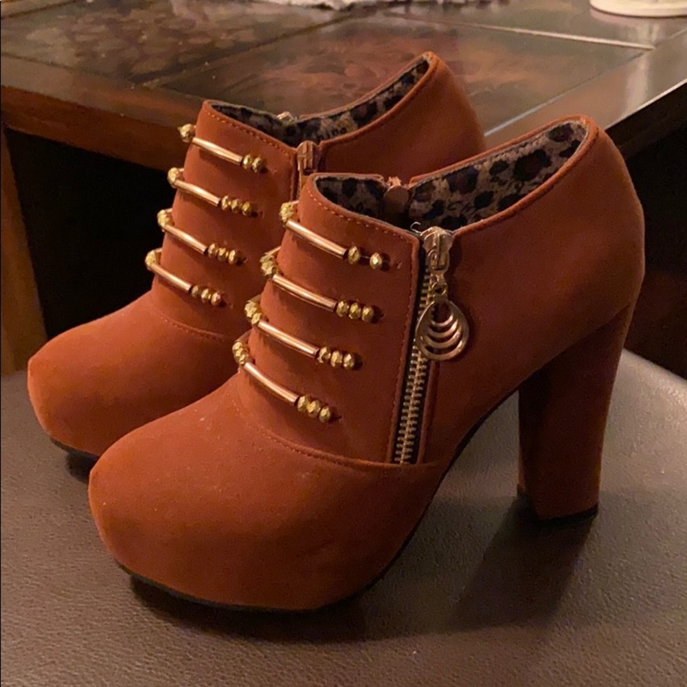 Brown & Gold Beaded Heeled Booties, Size 7